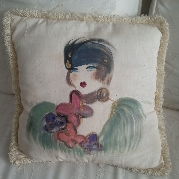 Vintage Moire Pillow Decorative Lady with Hat signed Rachael's 18x18